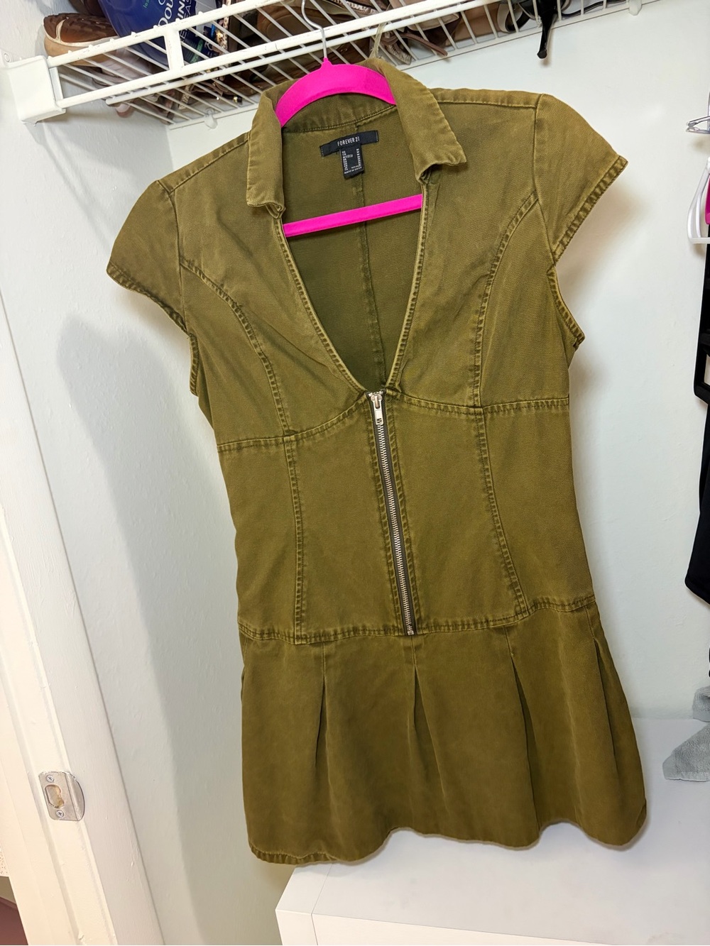 Forever 21 Olive Zip-Front Cap Sleeve Mini Dress